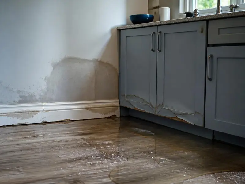Daño por agua en una cocina doméstica: suelo encharcado, zócalo y frente del mueble bajo hinchados por la humedad, mancha extendida por la pared