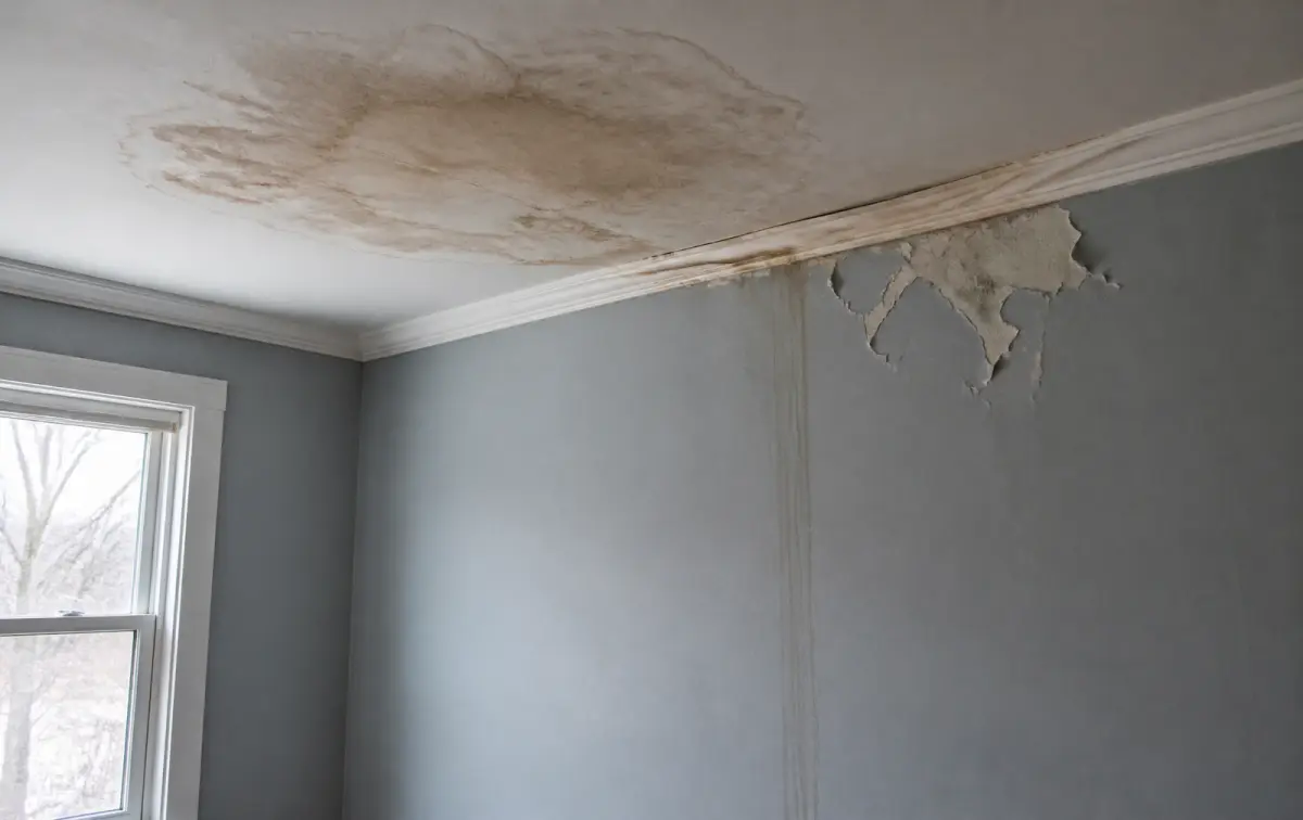 Interior de una vivienda con daños por filtración de agua: mancha de humedad en el techo, moldura superior alterada, pintura desprendida en la parte alta de la pared y marca vertical de recorrido del agua
